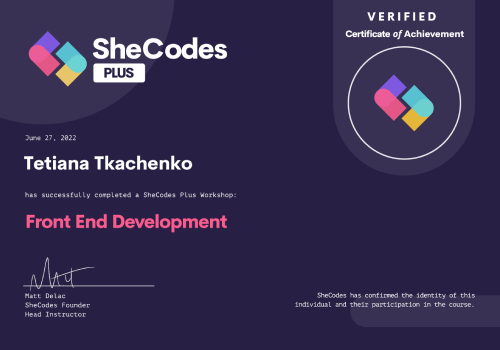 SheCodes Plus certicate